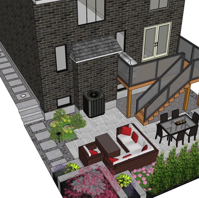 Backyard patio 3D design rendering with seating